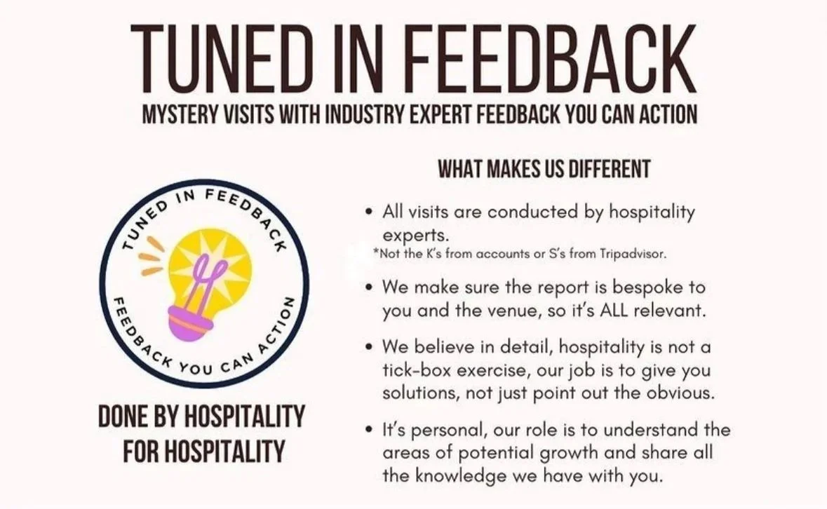 Poster titled "Tuned in Feedback" with a logo of a lightbulb with purple wires inside, and text describing the company's commitment to personalized, industry expert feedback in hospitality, emphasizing industry expertise, tailored reports, attention to detail, and shared knowledge.