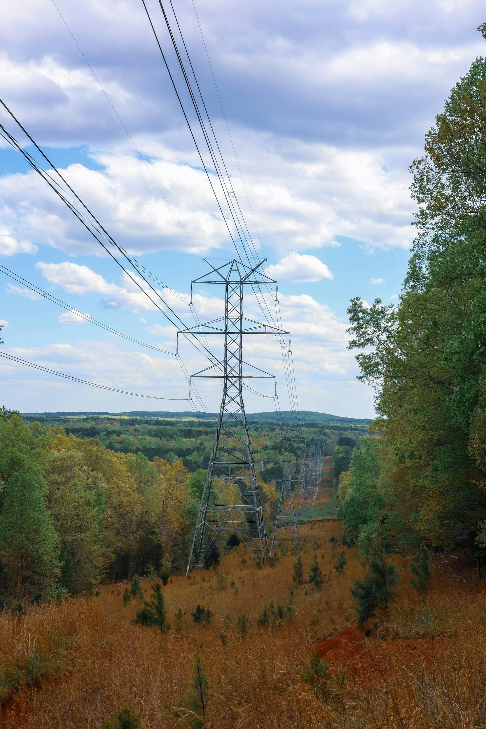 A landscape with tall electrical transmission towers and power lines stretching through a grassy and wooded area under a partly cloudy sky.