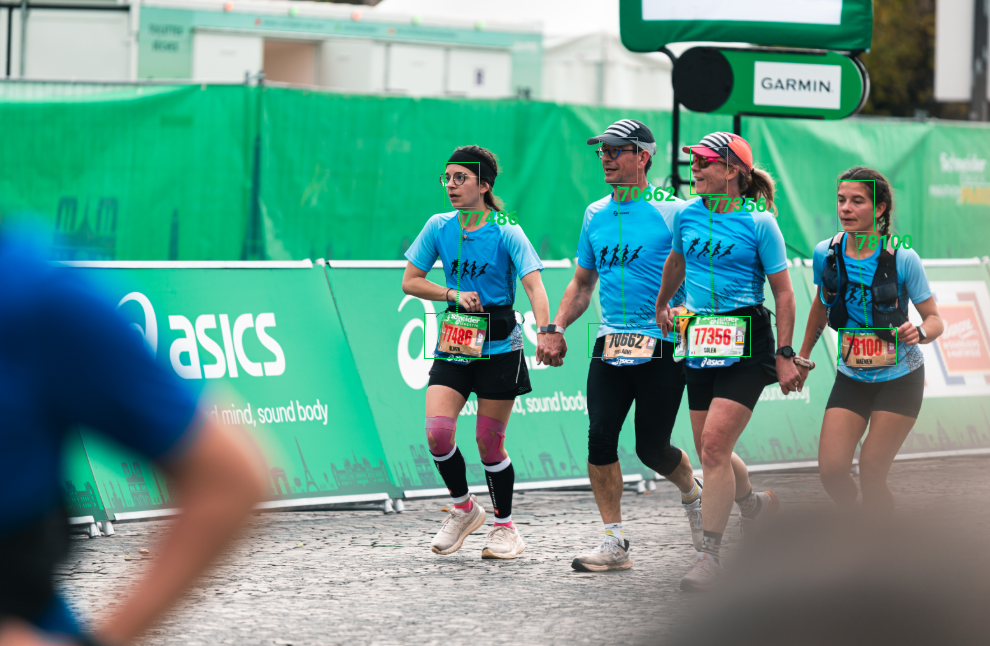 Groupe de quatre coureurs participant à une course, portant des t-shirts bleus avec des numéros de dossard, en train de traverser la ligne d'arrivée ou un point de contrôle, avec des barrières vertes et un panneau Garmin en arrière-plan.