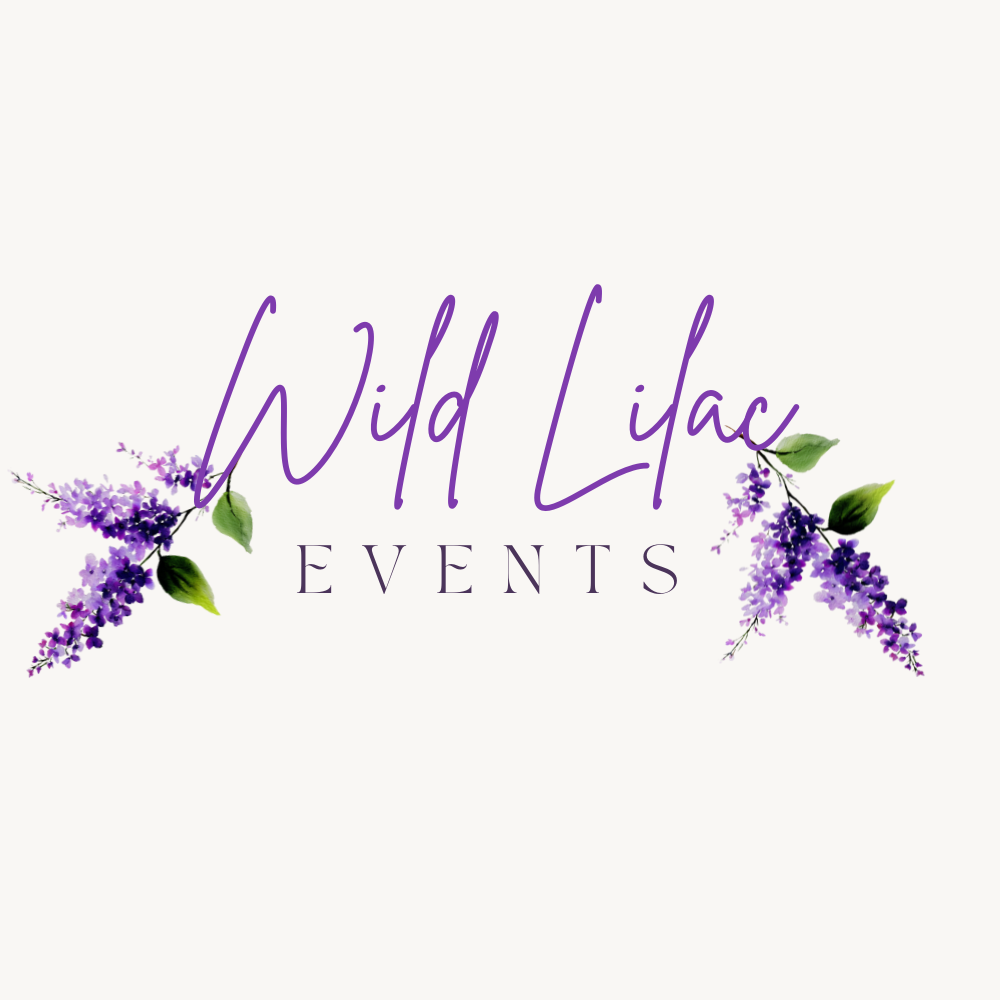 Logo for Wild Lilac Events with purple lilac flowers and green leaves on a light background.
