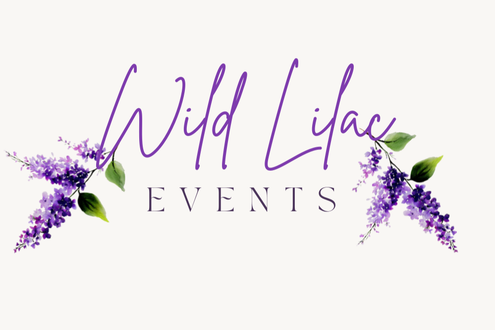Logo for Wild Lilac Events with purple lilac flowers on either side of the text.