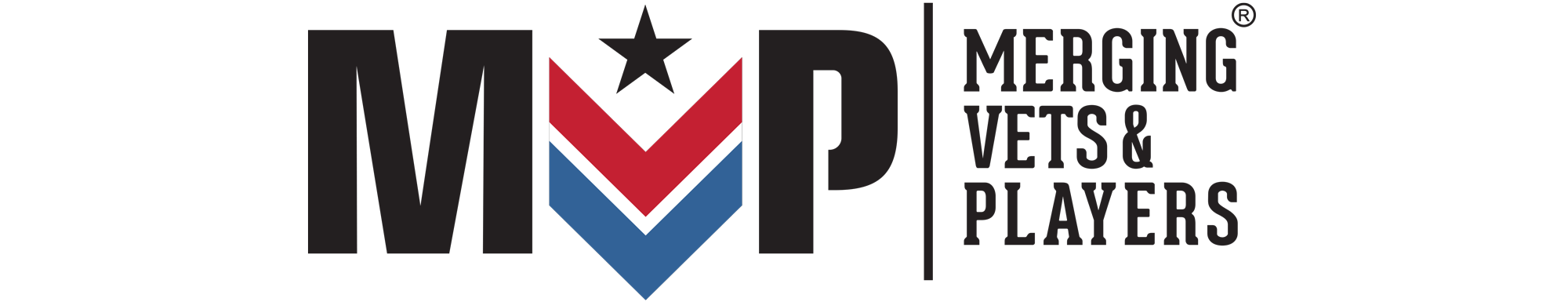 Merging Vets & Players logo featuring bold black letters 'MVP', a star, and a shield with red, white, and blue chevrons, with the text 'Merging Vets & Players' to the side.