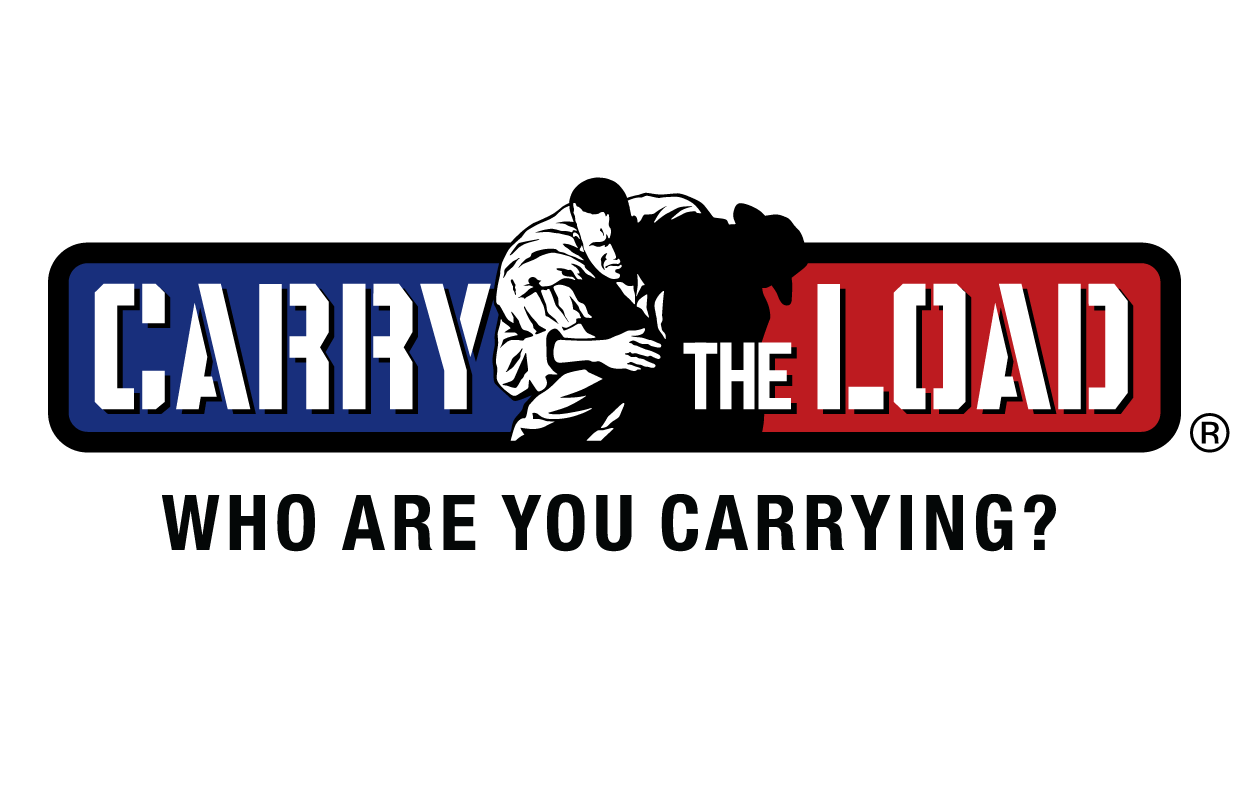 Graphic with a man in black and white holding a bag, with the words 'Carry The Load' in bold blue and red boxes, and the phrase 'Who are you carrying?' beneath.