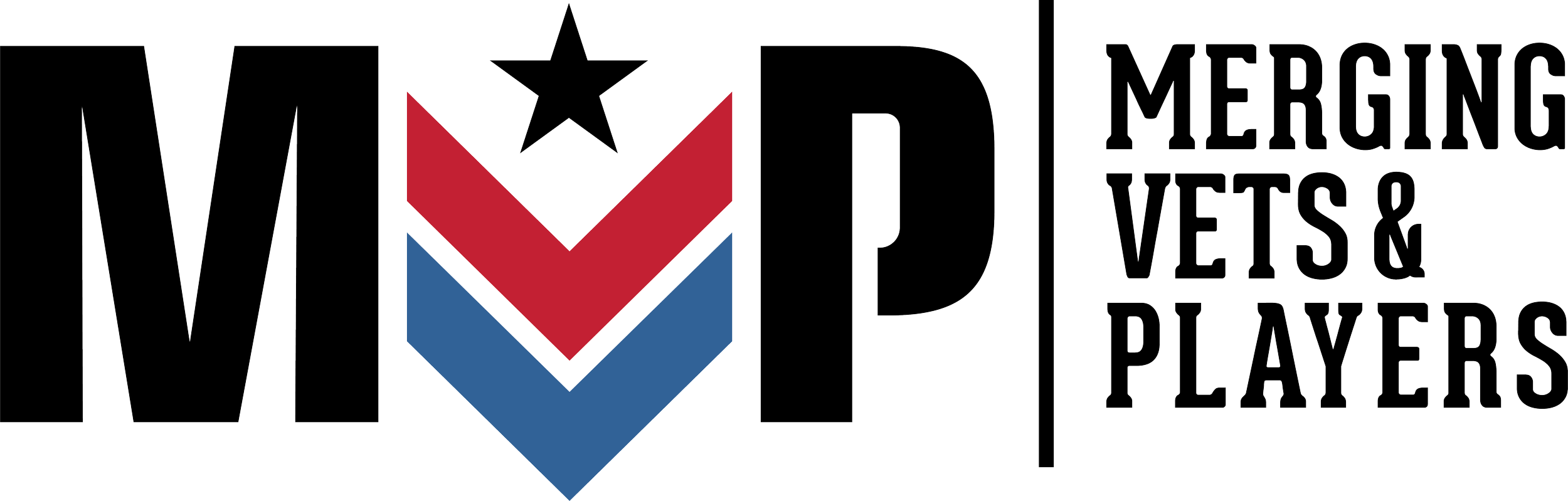 Logo with large outline letters 'WWP' and a stylized shield with a star and chevrons in red, white, and blue, with the text 'MERGING VETS & PLAYERS' beside it.