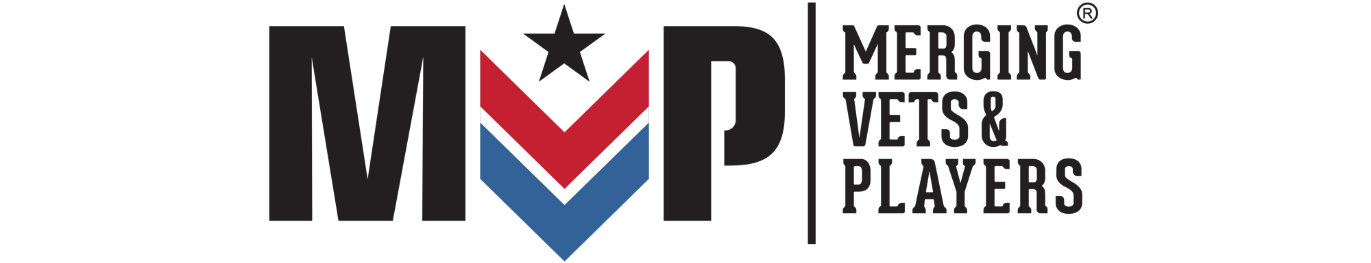 Merging Vets and Players logo with large initials 'MVP', a black star, and a shield with red, white, and blue chevrons, and the text 'Merging Vets & Players'.