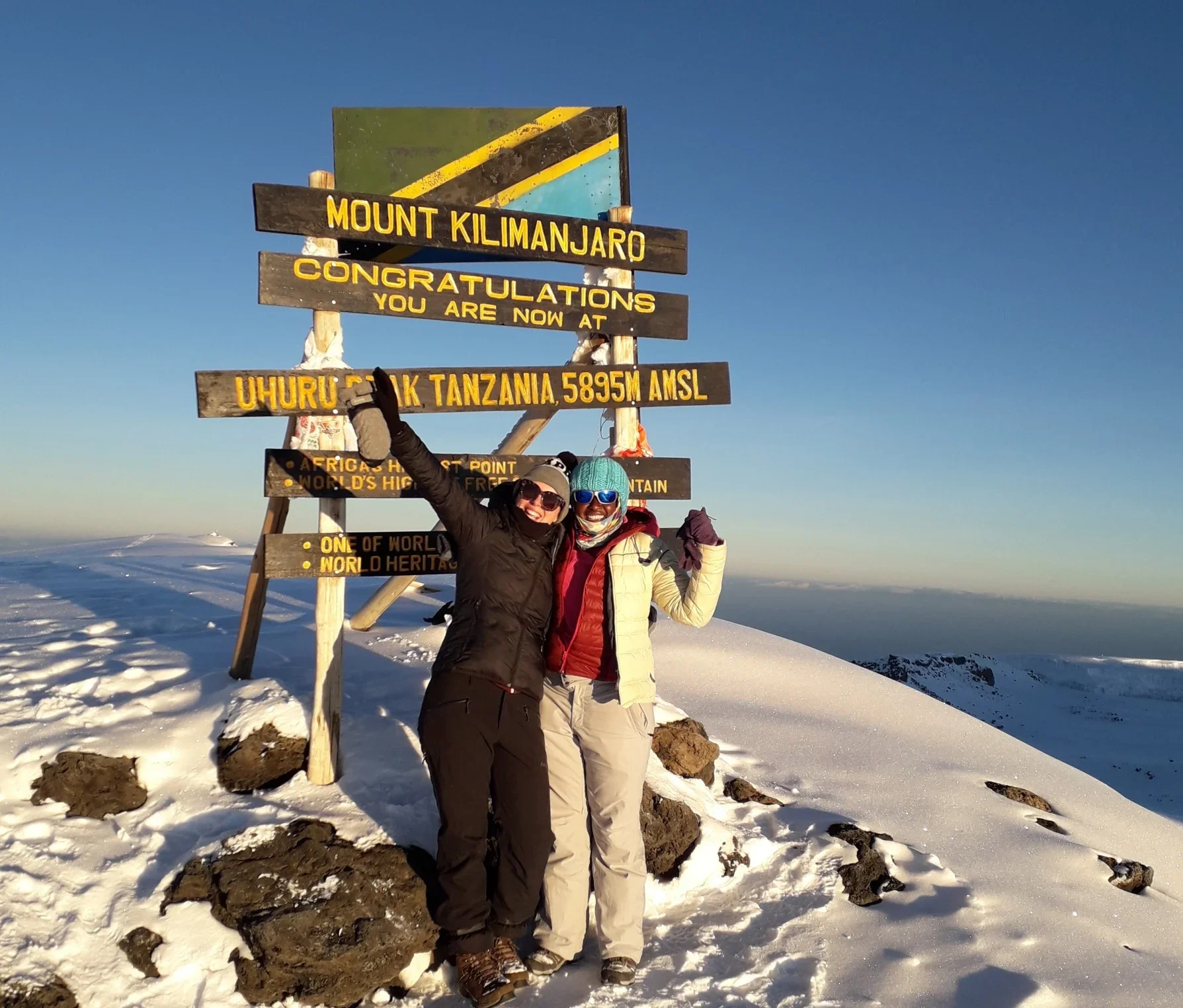 Two people in winter clothing standing at the summit of Mount Kilimanjaro, smiling with arms around each other, in front of a wooden sign indicating the mountain's name and elevation in snowy terrain.
