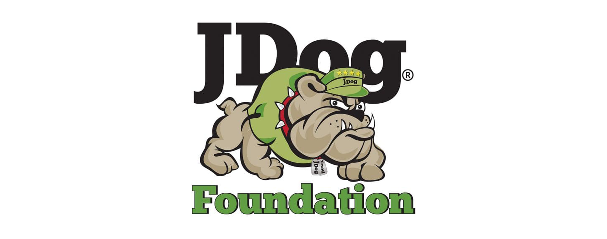 Logo of JDog Foundation featuring a muscular bulldog wearing a green cap with stars and the word JDog, with the text 'JDog Foundation' below.