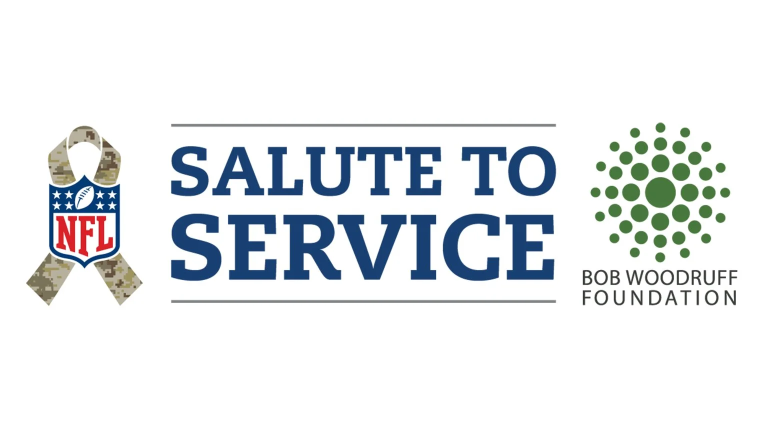 Salute to Service campaign poster with NFL logo ribbon and Bob Woodruff Foundation logo.