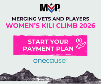 Advertisement for Women's Kili Climb 2026, encouraging starting a payment plan, with M.V.P., OneCause, and mountain imagery.