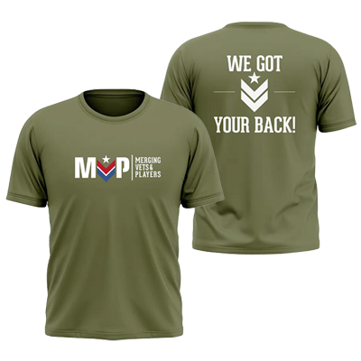 Olive green T-shirt with Merging Vets + Playas logo on the front and 'We Got Your Back!' on the back.