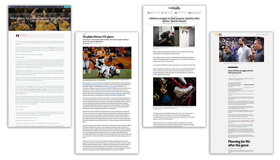 Four pages of a newspaper or magazine articles and images related to athletes and sports. The articles discuss topics like life after sports, former NFL players, and athletes' struggles with purpose and identity.