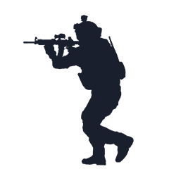 Silhouette of a soldier aiming a rifle in a crouched position