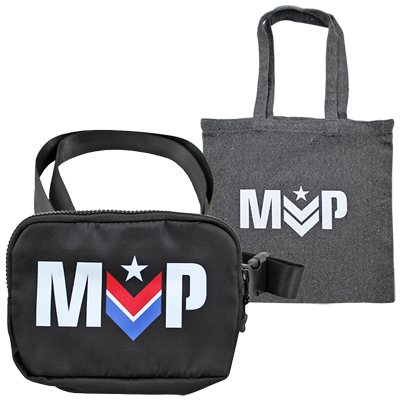 Black lunch bag and gray reusable tote bag featuring the MOP logo with a star and chevron design.