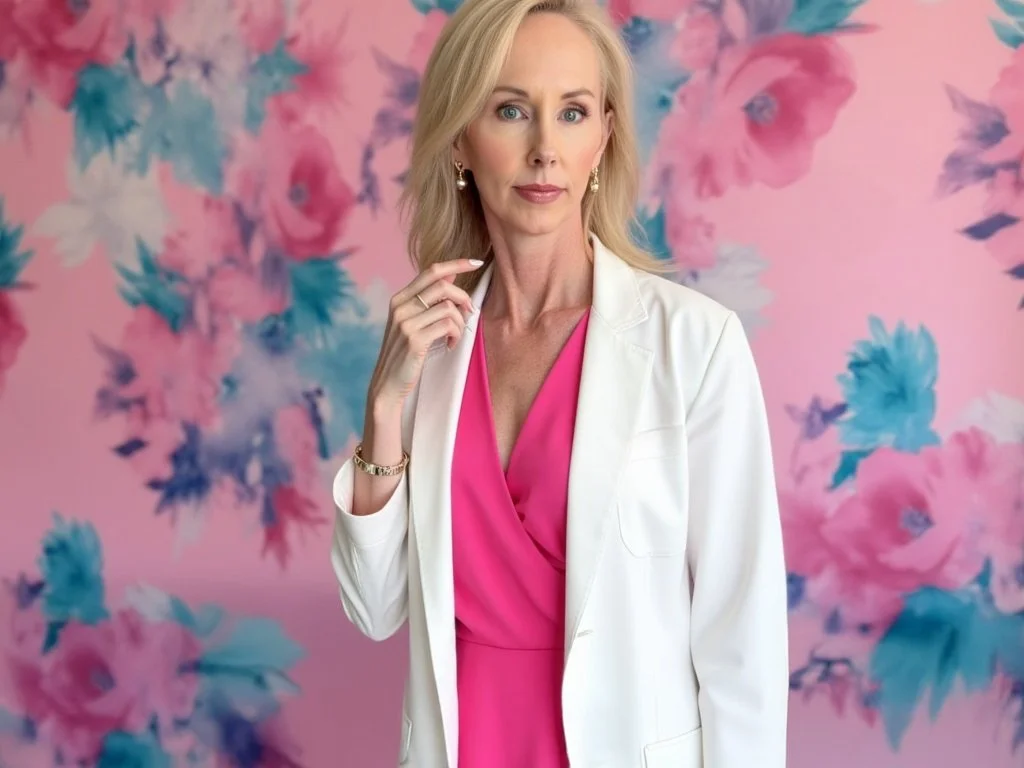 A woman with blonde hair wearing a white blazer over a pink dress stands in front of a pink and blue floral background.