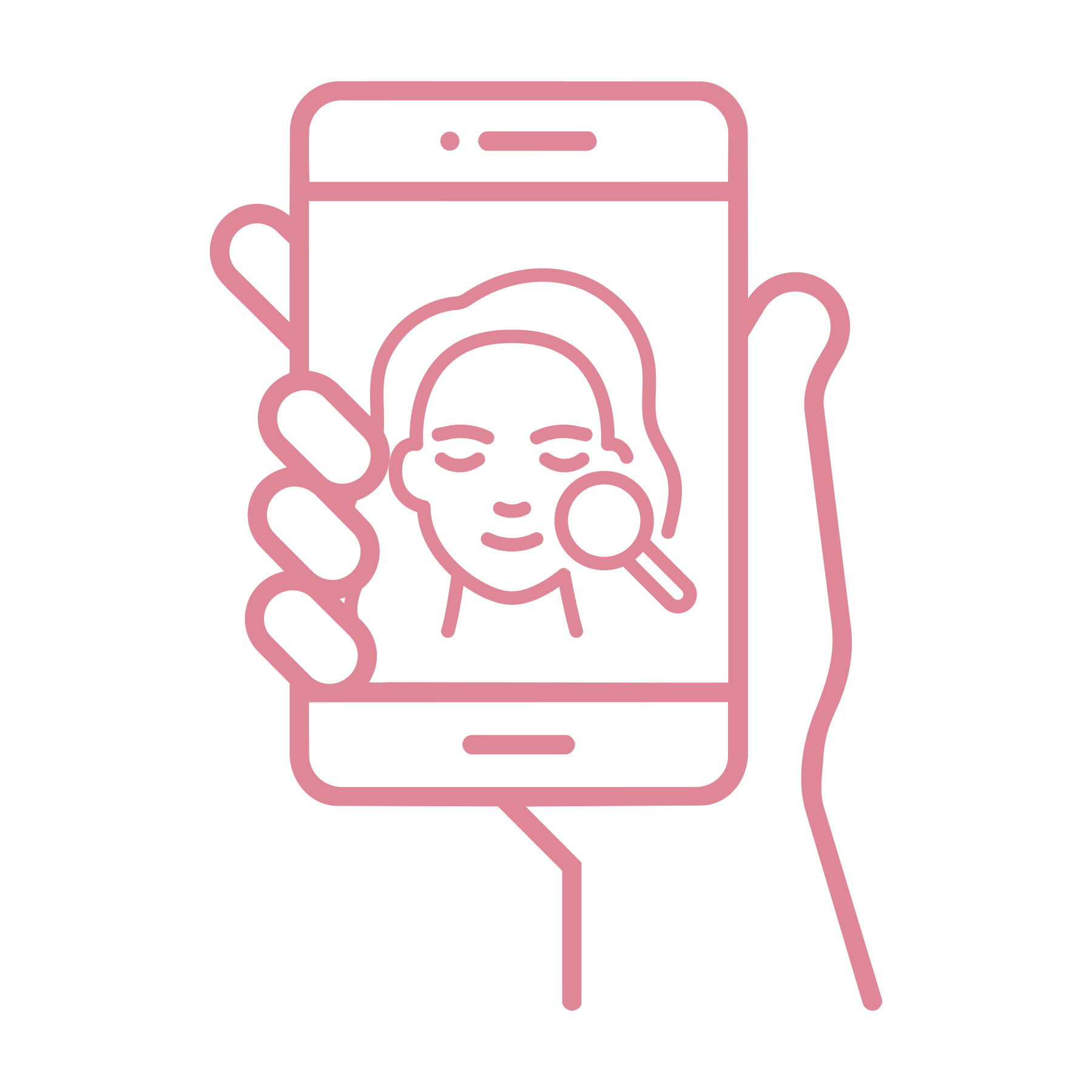 Outline of a hand holding a smartphone showing a woman's face with a facial mask and a magnifying glass symbol.