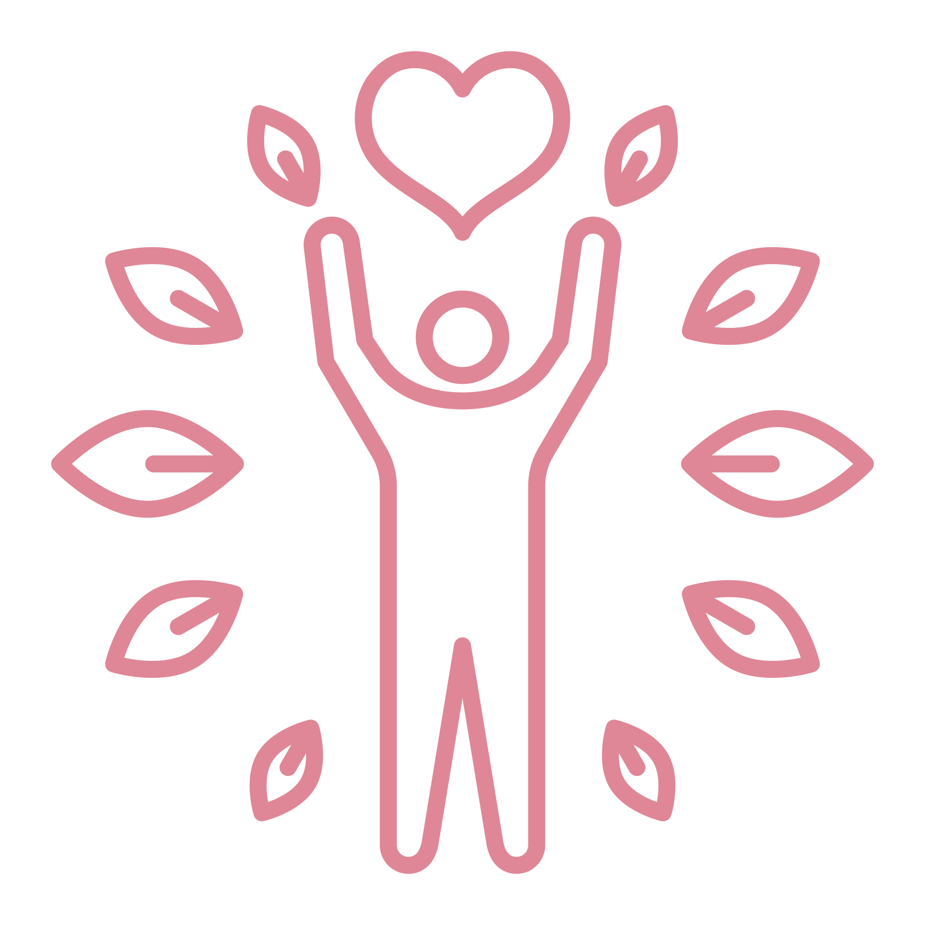 Line drawing of a person with arms raised, holding a heart, surrounded by leaves.