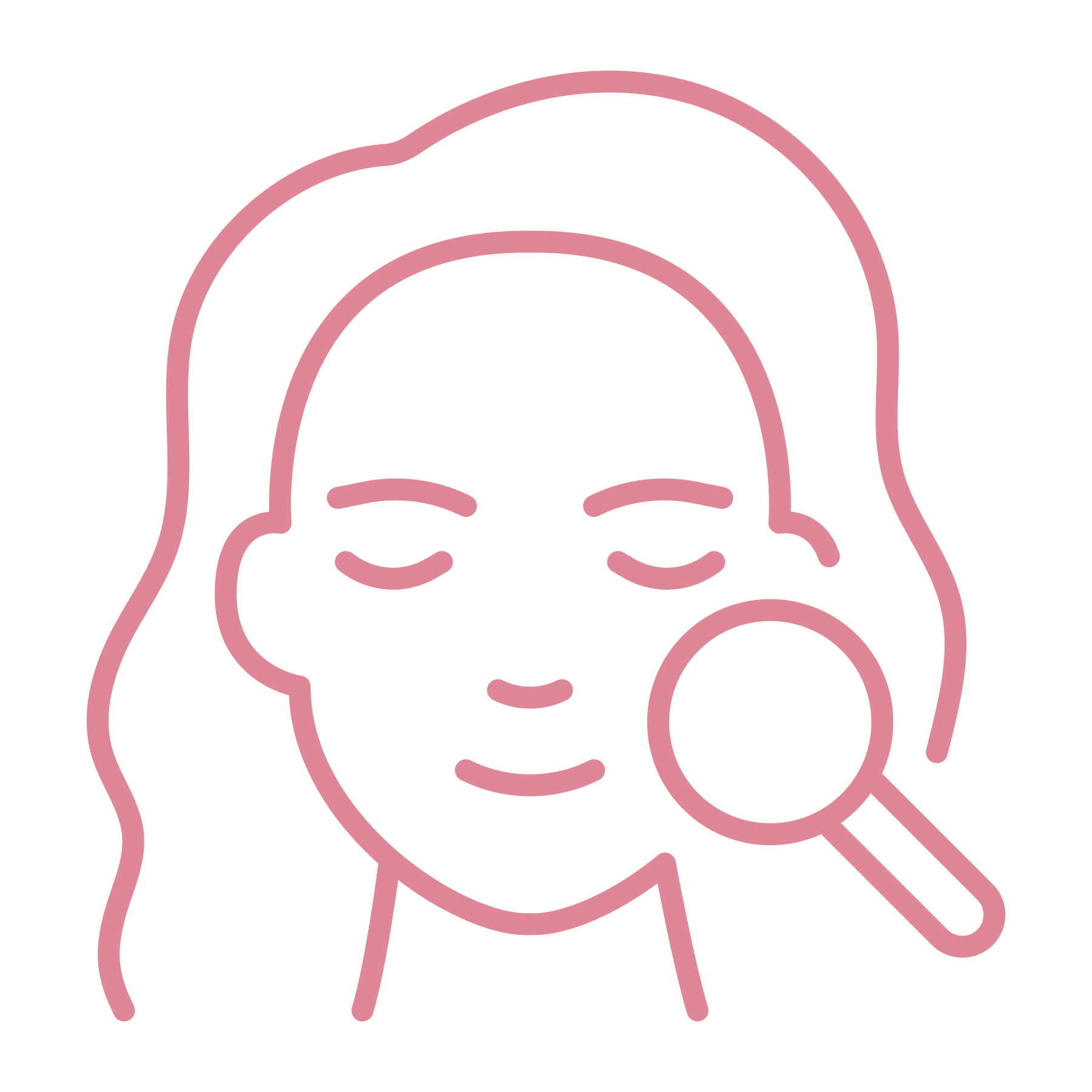 Line drawing of a woman's face with closed eyes, receiving a facial skincare treatment with a magnifying glass focused on her cheek.