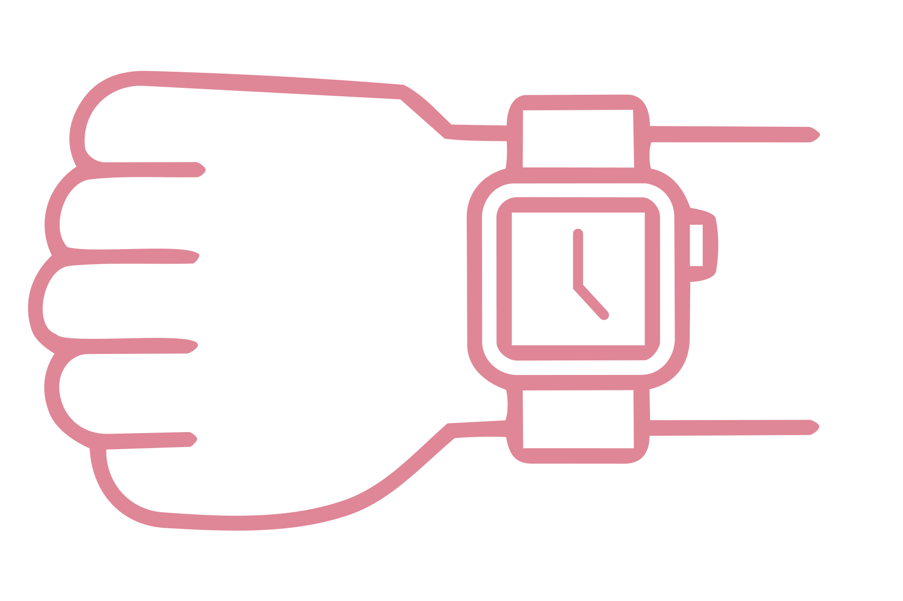 Line drawing of a hand wearing a smartwatch, with the watch displaying a clock.