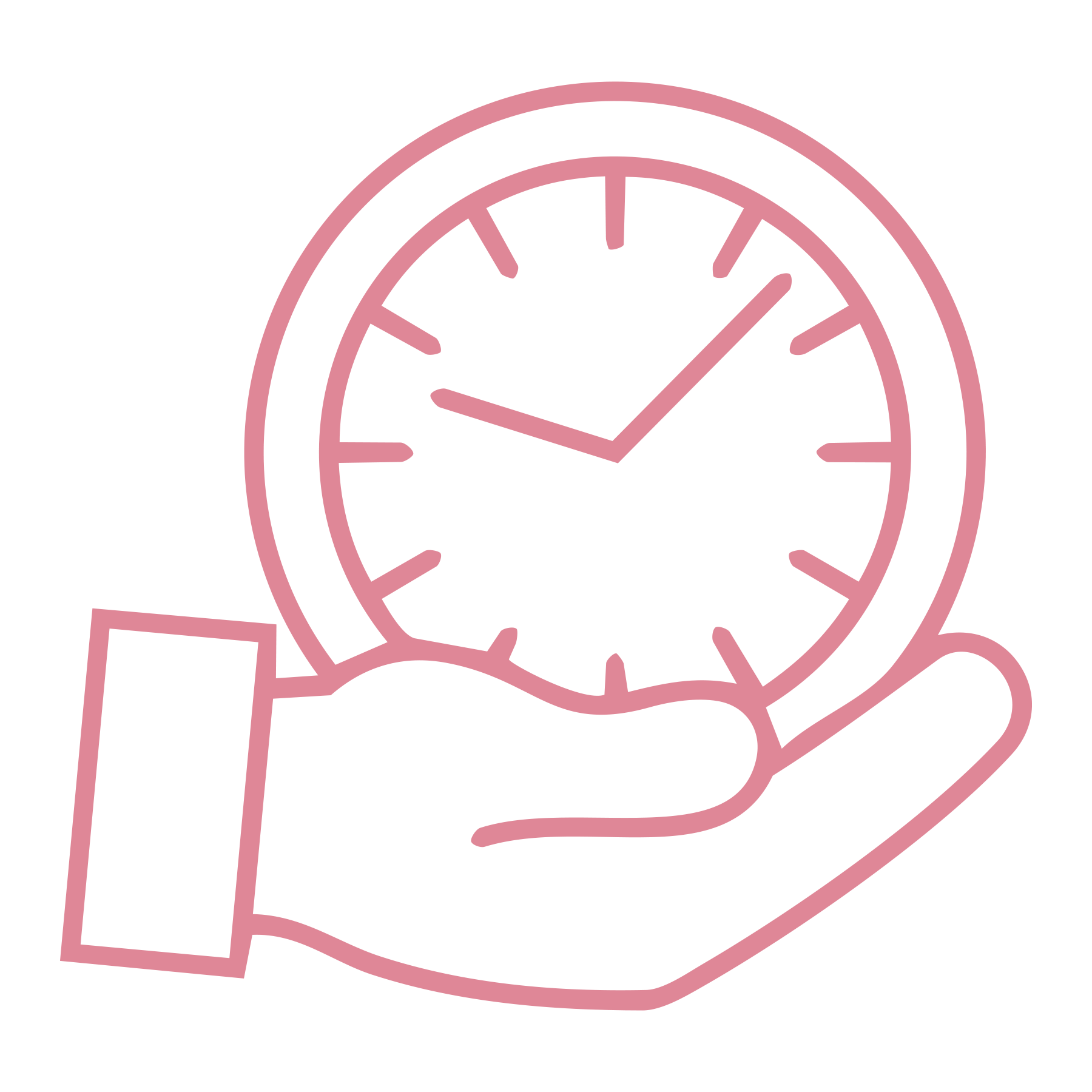 Pink outline of a hand holding a clock showing 10:07.