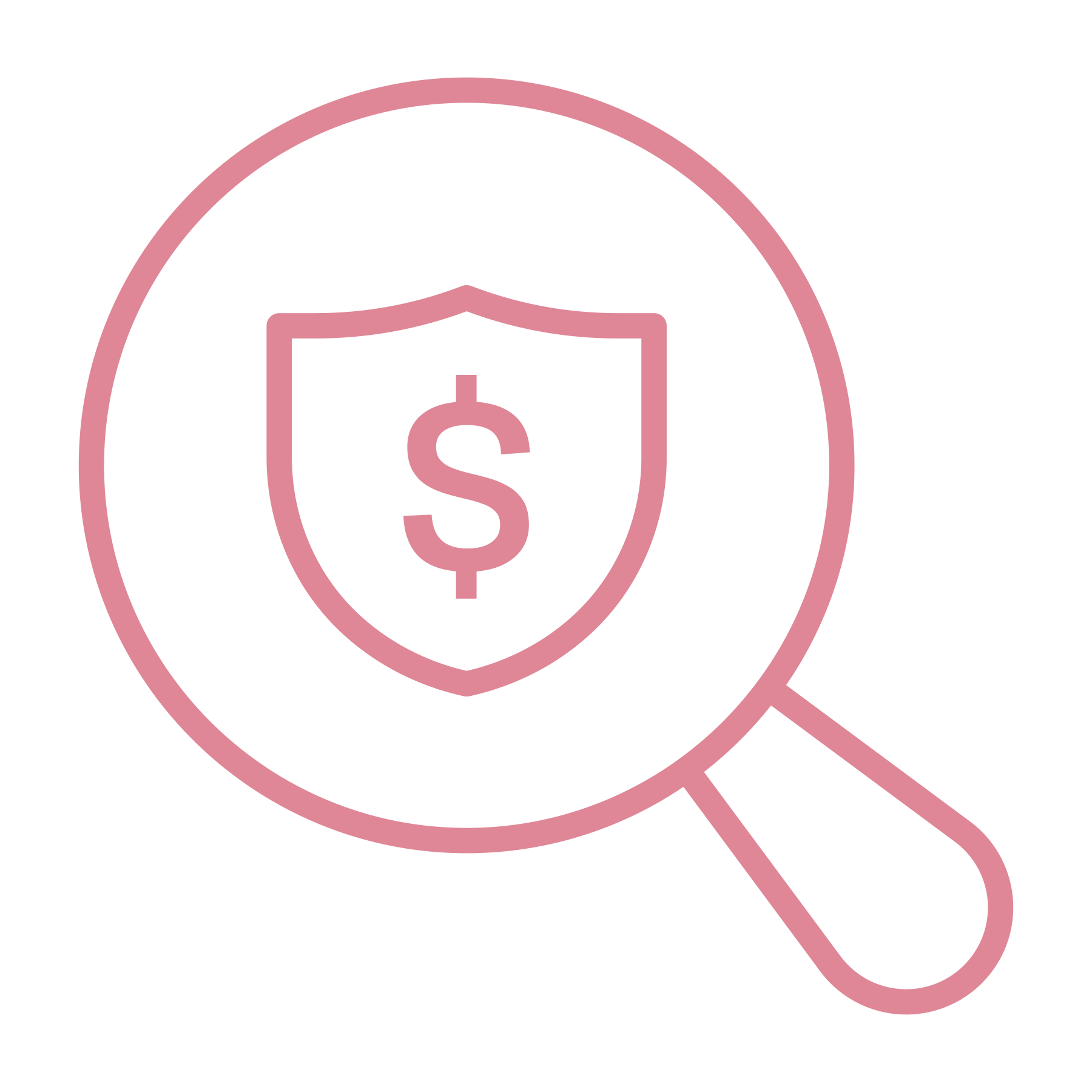 Magnifying glass with a shield and dollar sign inside it.