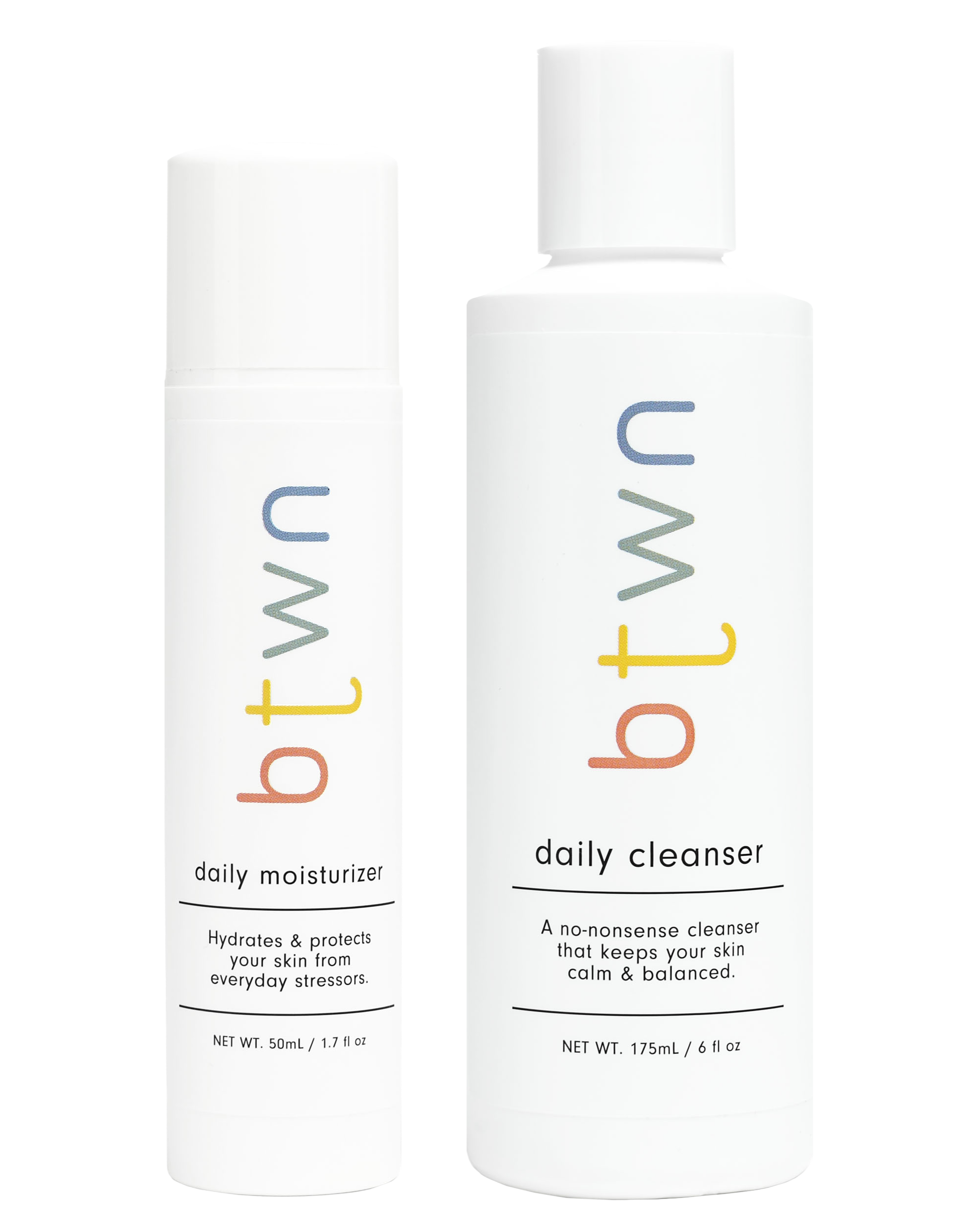 Two bottles of skincare products, a morning moisturizer and a daily cleanser, with white packaging and colorful text.