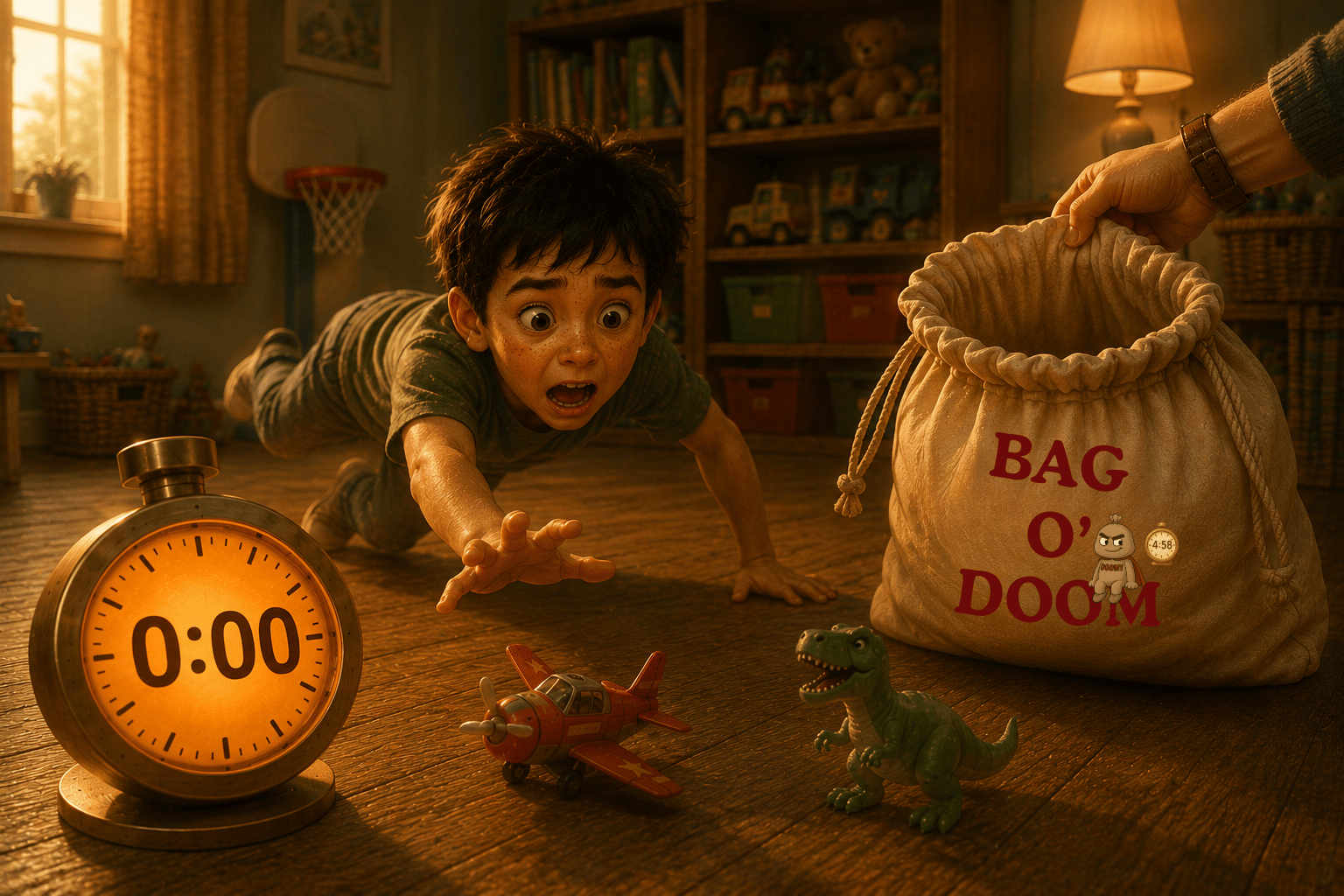 A young boy with an expression of shock on the floor of a room, reaching out towards a small toy airplane. There is a large alarm clock showing 0:00, a toy dinosaur, and a bag labeled 'BAG O' DOOM' with a teddy bear graphic and a timer icon. An adult hand is reaching toward the bag. The room is warmly lit, with shelves, toys, and a basketball hoop in the background.