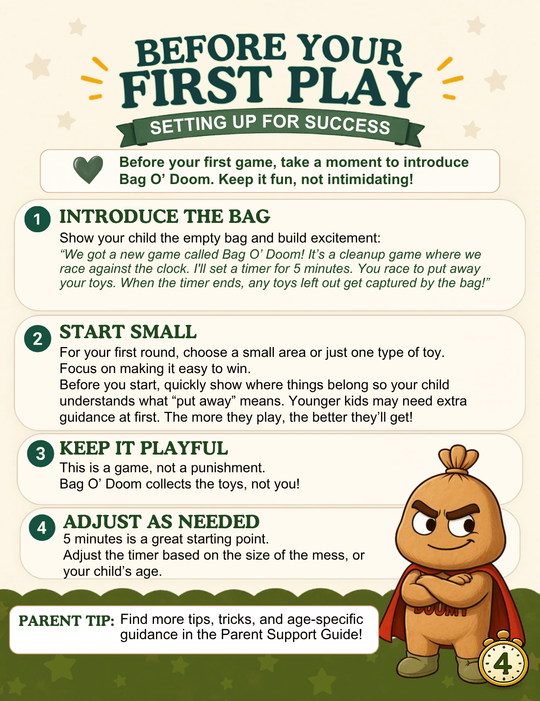 Instruction sheet titled 'Before Your First Play: Setting Up for Success' with a cartoon character resembling a bag of beans or a toy bag, standing with arms crossed and wearing a cape. The sheet provides four tips to prepare children for playing the game Bag O' Doom, including introducing the bag, starting small, keeping the game fun, and adjusting as needed.