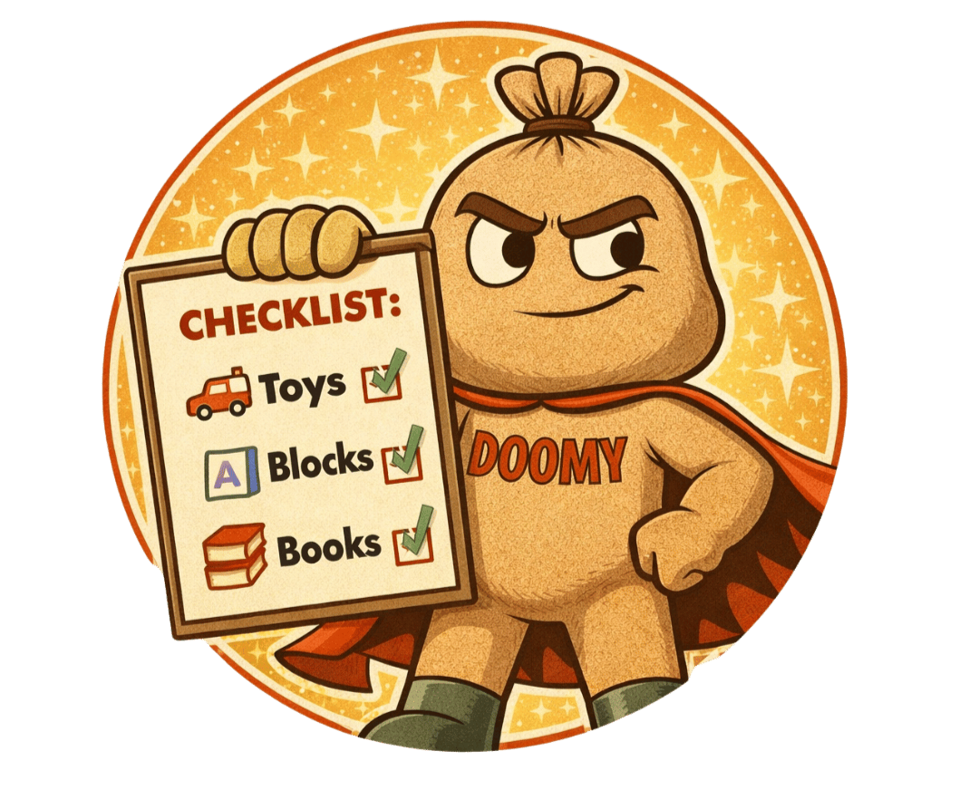 Cartoon character resembling a brown bag with a smirk, dressed as a superhero with a red cape and boots, holding a checklist with items for toys, blocks, and books checked off, standing in front of a sparkly yellow background.