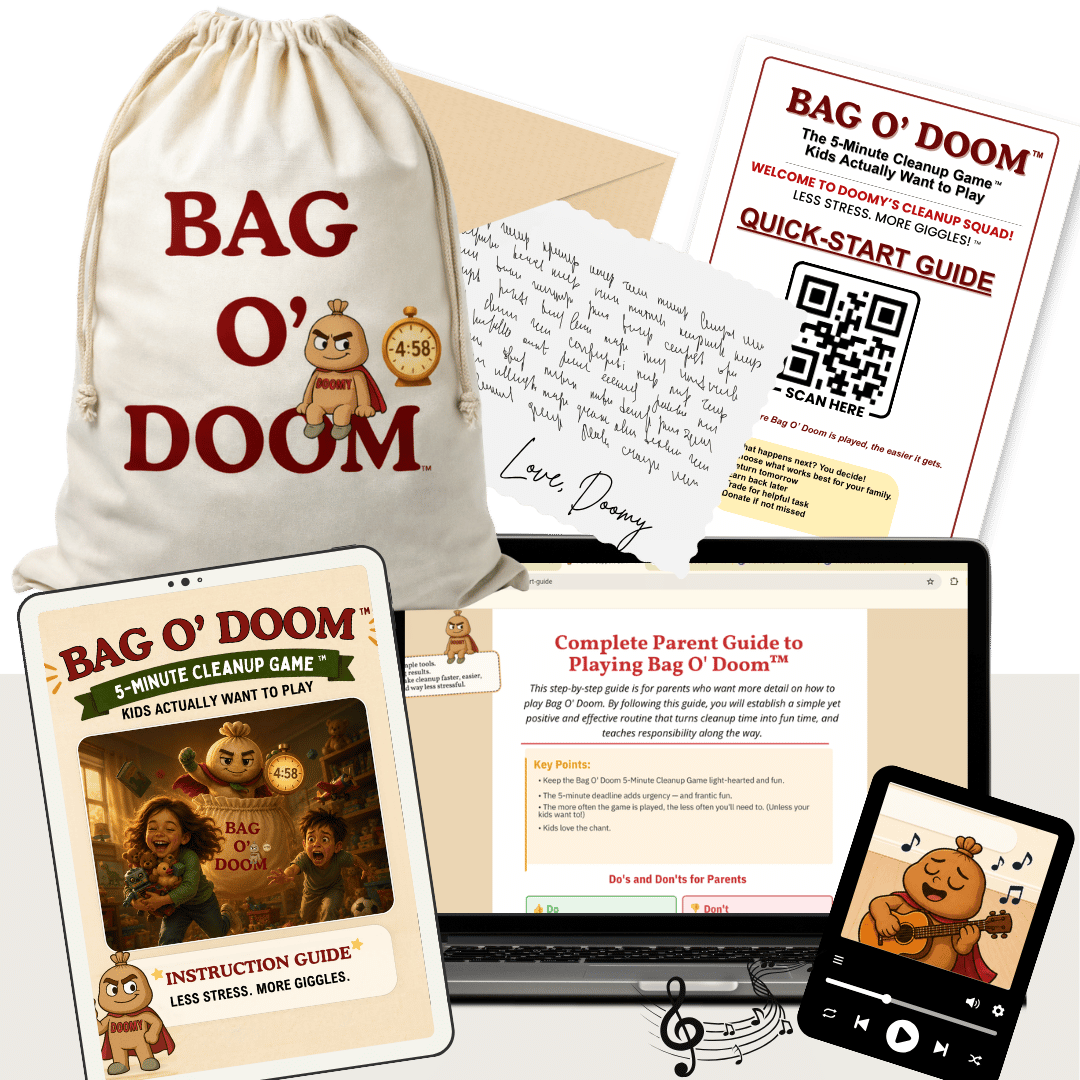 Collection of items related to the game Bag O' Doom, including a tote bag with the game's logo, a quick-start guide, an instruction guide on a tablet, a letter, a QR code on the guide, and a mock-up of a phone displaying a cartoon character singing with musical notes.
