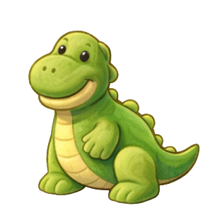 Cartoon green crocodile with a big smile on a blue and white background.