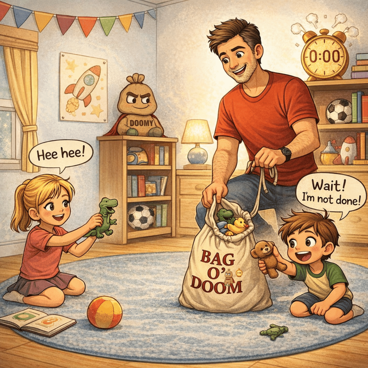 Parent collecting toys in the Bag O’ Doom while kids race to clean up before they go into the bag.