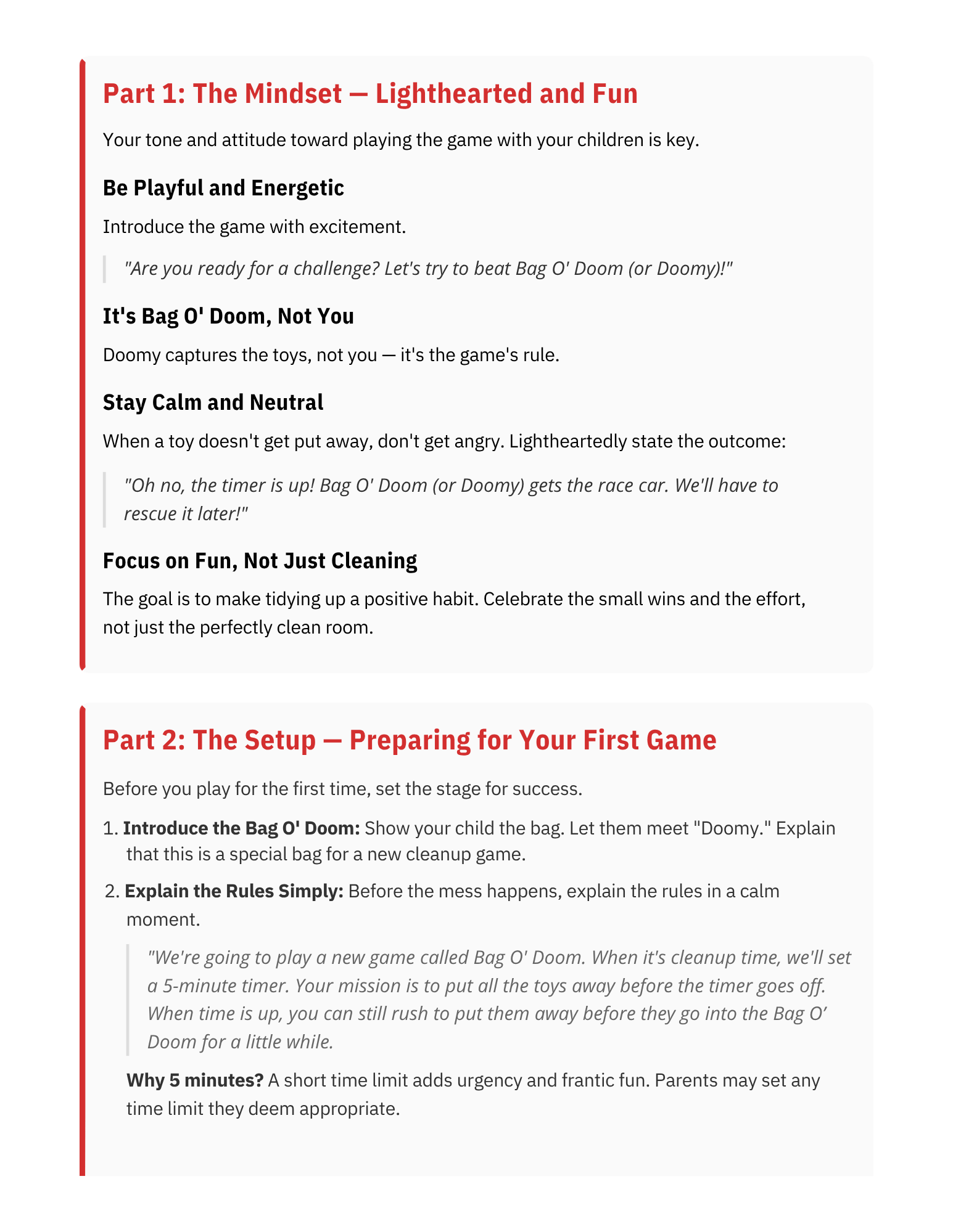 A document or article with headings and text discussing game setup, rules, and mindset, focusing on the game 'Bag O' Doom' and emphasizing a playful, energetic attitude with tips for preparing children for the game.