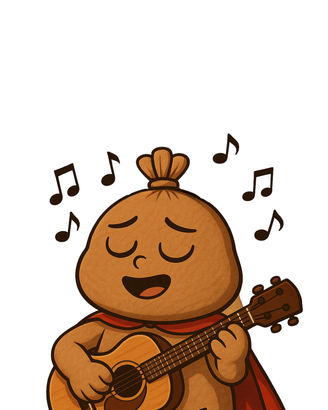 Bag O' Doon Cartoon mascot "Doomy" singing the Bag O' Doom Chant with eyes closed and playing a guitar with musical notes around it.