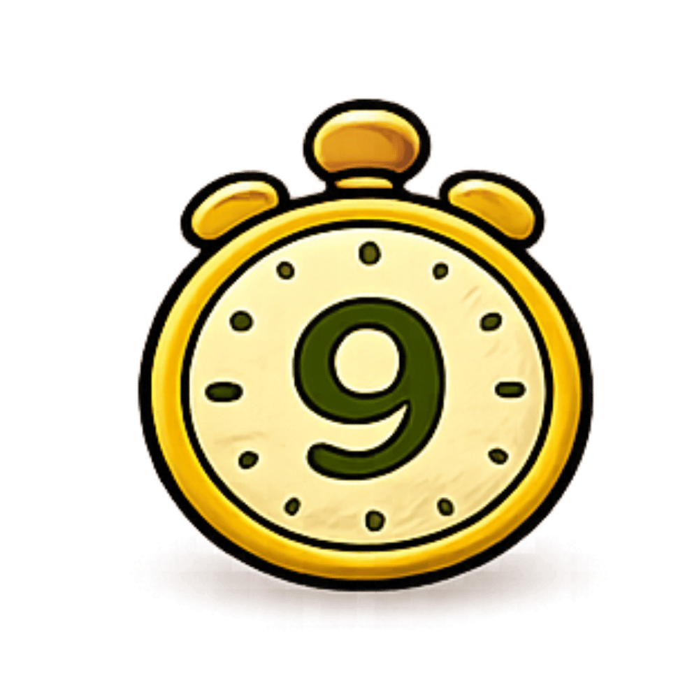 A cartoonish yellow clock showing the time as 9 o'clock with a large number 9 in the center.
