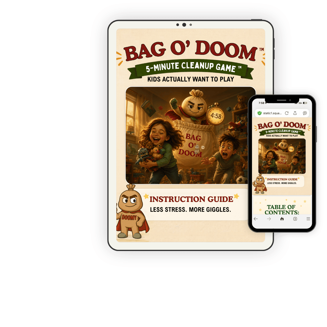 Digital illustration of the game 'Bag O' Doom' on a tablet and a smartphone, showing children playing with toys in the background with a cartoon bag character and playful text.