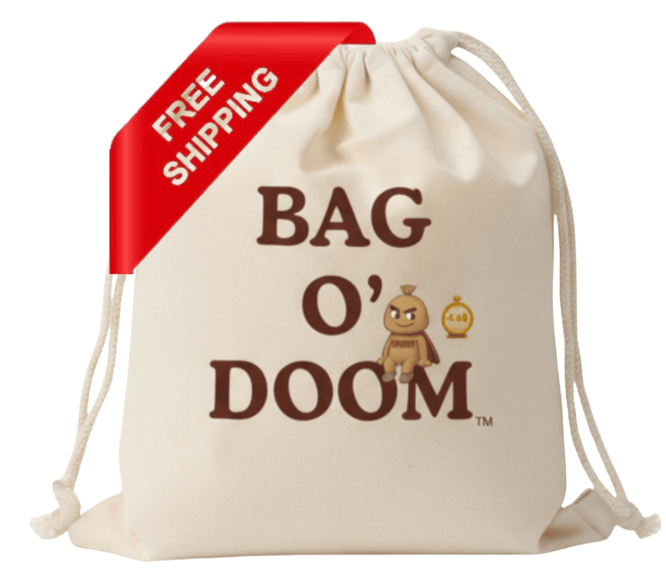 A beige drawstring bag with the words "BAG O' DOOM" printed on it in brown, accompanied by a cartoon character and a pumpkin icon. A red banner in the top left corner states "FREE SHIPPING."