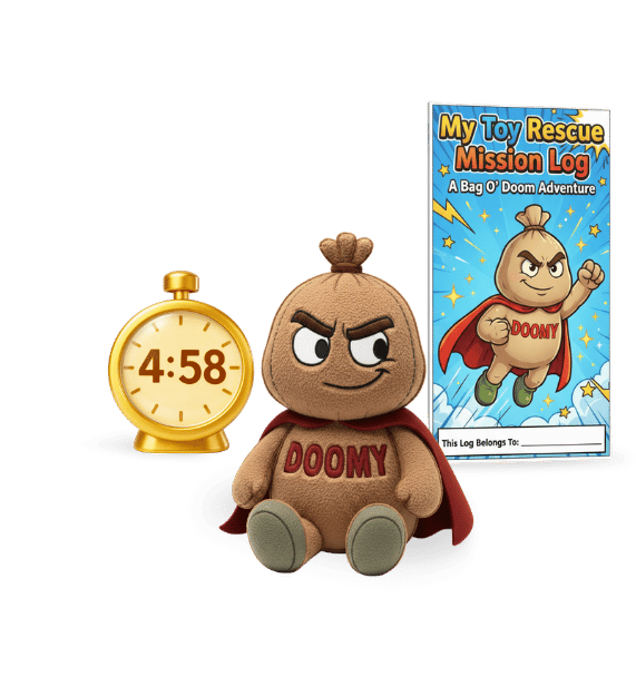 Doozy plush toy, a gold clock showing 4:58, and a book titled "My Toy Rescue Mission Log" featuring Doozy in a superhero cape.