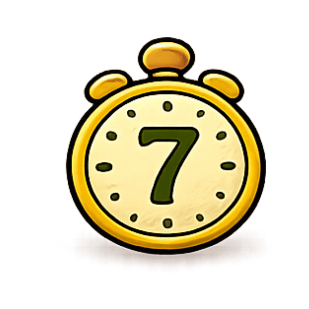 A cartoon depiction of a gold alarm clock with the number 7 on its face.