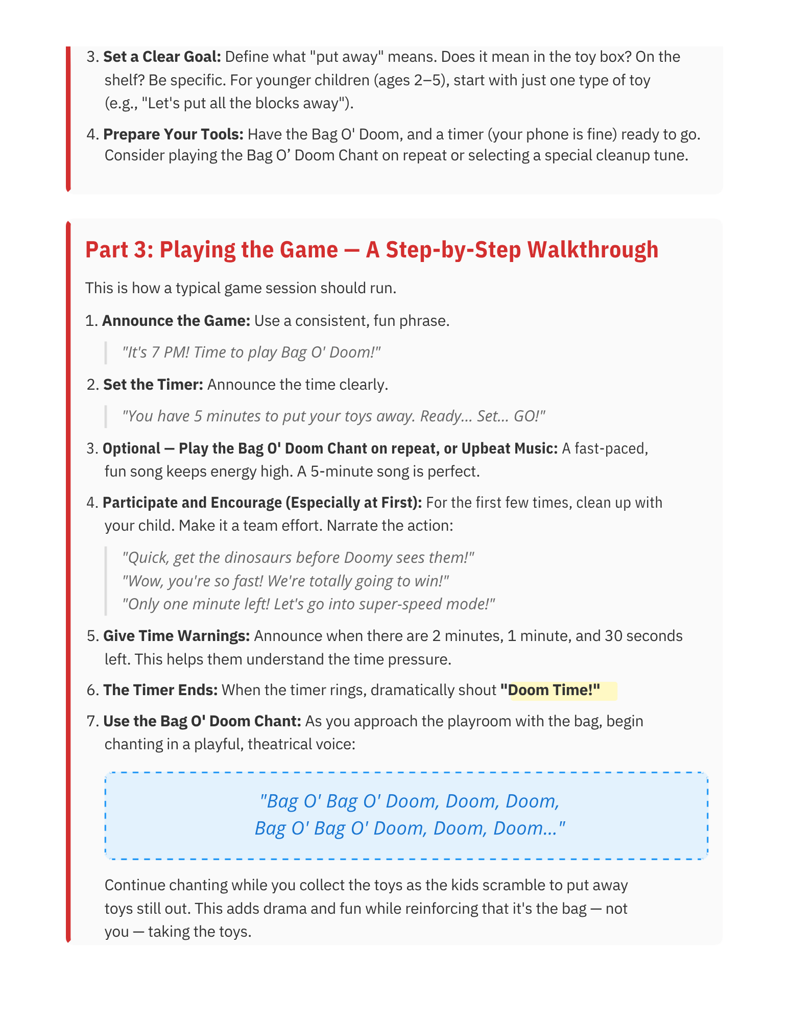 A screenshot of a book page with instructions for playing a game called 'Bag O' Doom.' The section includes steps and phrases for announcing the game, setting a timer, optional music, and cheers, with a highlighted phrase 'Doom Time!' in yellow.