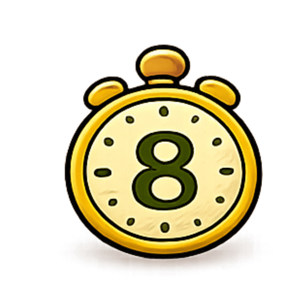 A cartoon depiction of a gold alarm clock with the number 8 on its face.