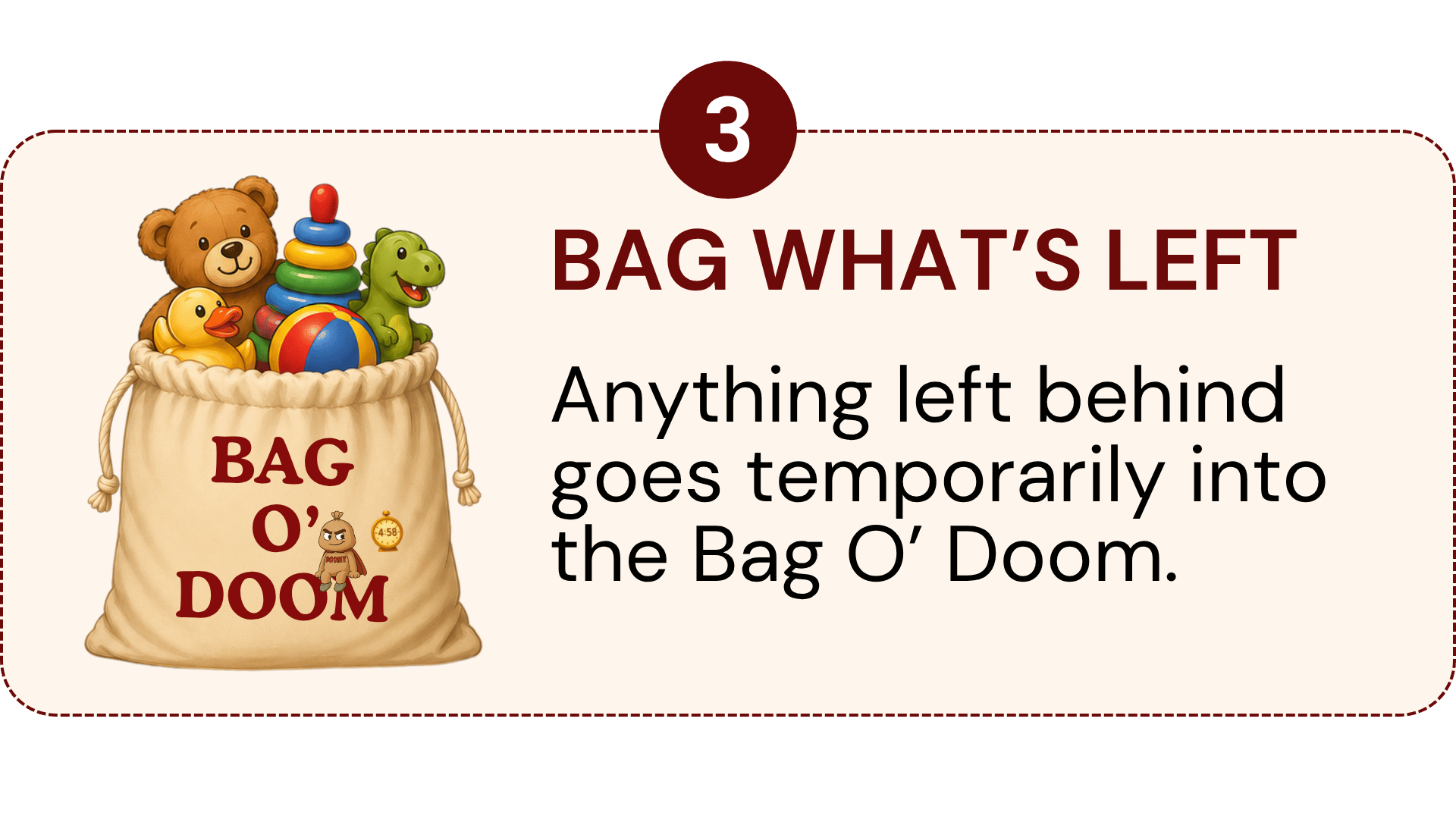 Illustration of a bag filled with toys including a teddy bear, a rubber duck, a stacking ring toy, a dinosaur, and a ball, with the text "BAG O' DOOM" and a small cartoon character with a clock icon.