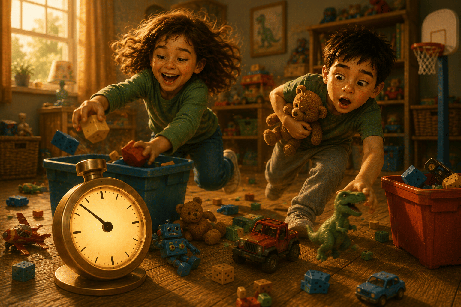 Two children playing with toys and building blocks in a room filled with natural light, toys scattered on the floor, and a large clock showing approximately 10:10.