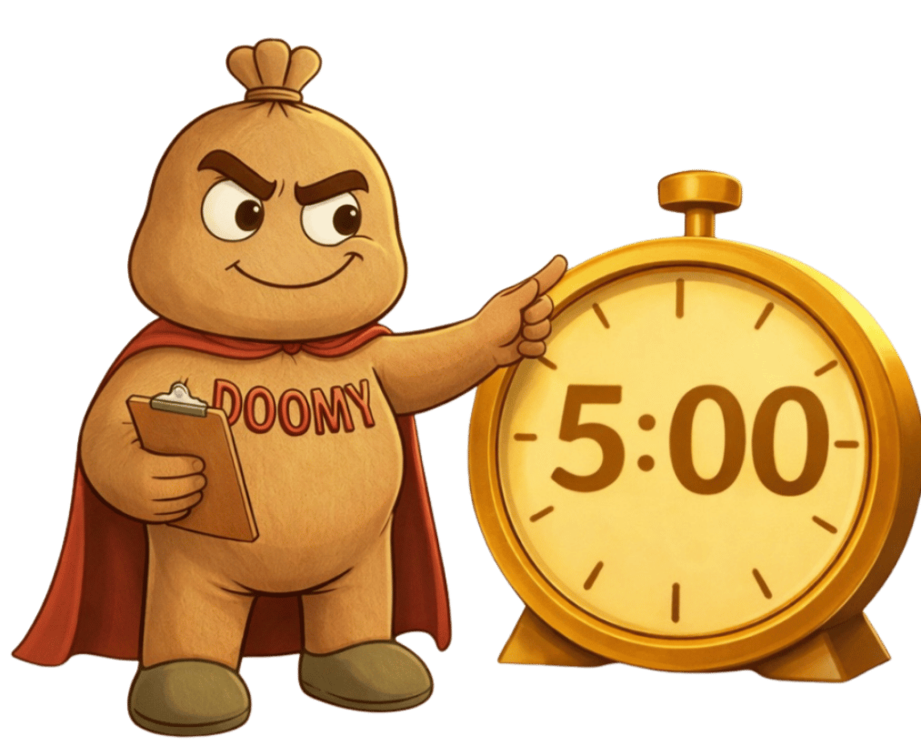 Cartoon character dressed as a superhero with a red cape and brown costume labeled 'DOOMY' pointing at a large yellow timer showing 5:00.