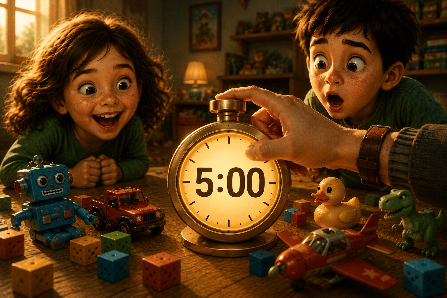 Two children, a girl with curly hair and a boy with straight hair, are excitedly looking at a glowing alarm clock in the center that shows 5:00. The scene is set in a cozy room with toys like a robot, toy car, rubber duck, airplane, and dinosaur scattered on the table, and soft warm lighting from a lamp in the background.