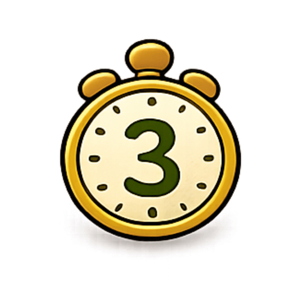 A cartoon stopwatch with a yellow border, displaying the number 3 in the center.