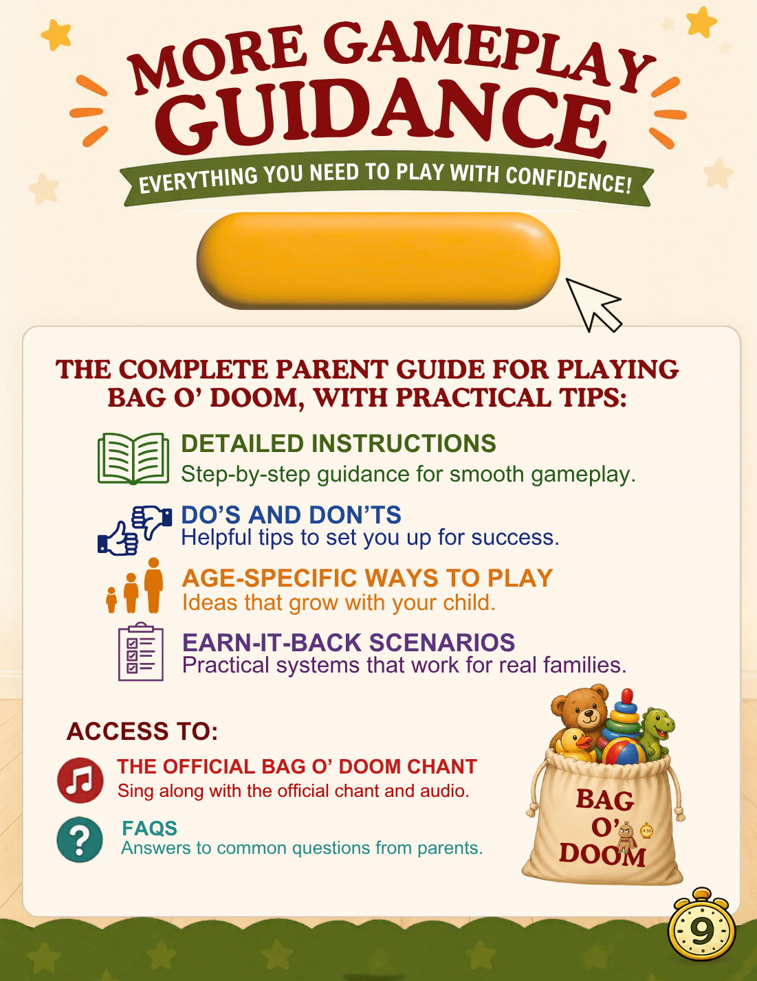 Infographic about parenting guides for the game Bag O' Doom, featuring tips on instructions, tips, age-specific ways to play, and scenarios, with a cartoon illustration of a bag filled with toys and a clock showing nine.