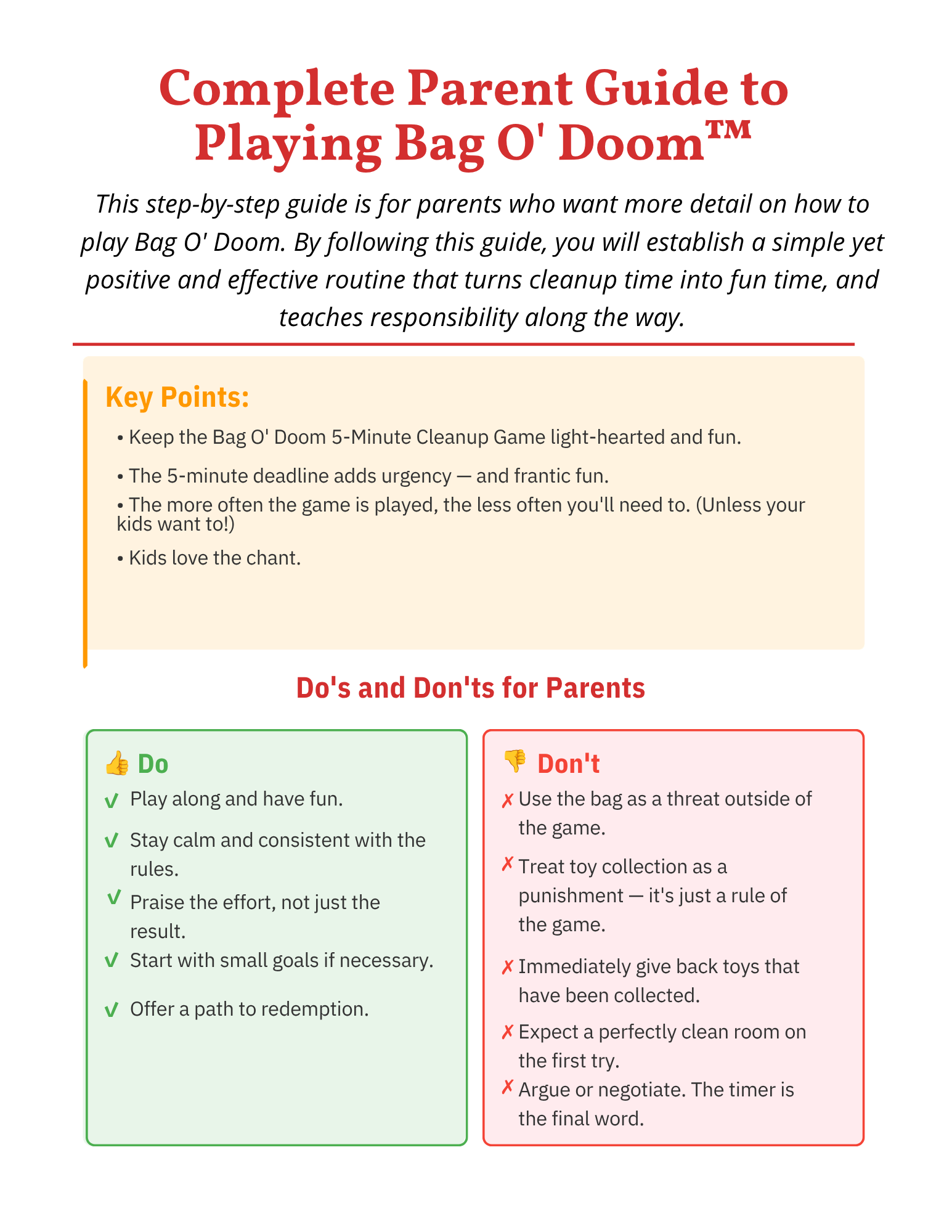 A guide for parents on how to play Bag O' Doom, featuring key tips in a beige section and rules for 'Do' and 'Don't' categories in green and red sections respectively.