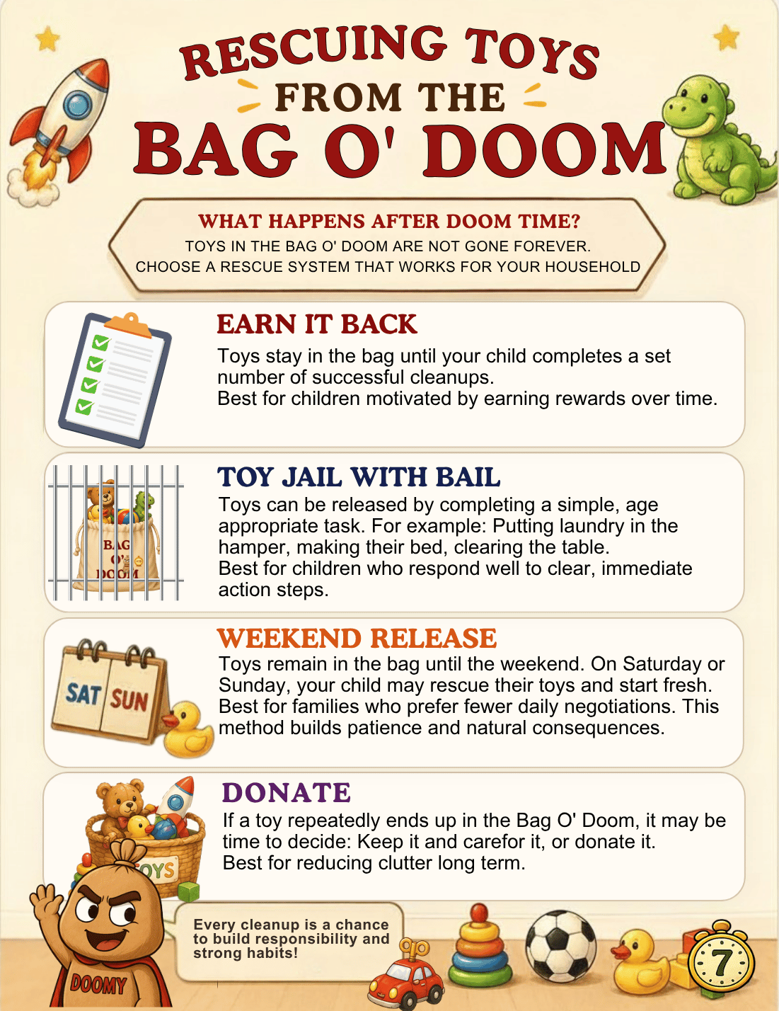 Informational poster about rescuing toys from the Bag O' Doom, including methods like earning toy back, jail with bail, weekend release, and donation, with illustrations of a rocket, alligator, a cage with toys, a calendar, a teddy bear, and other toys.