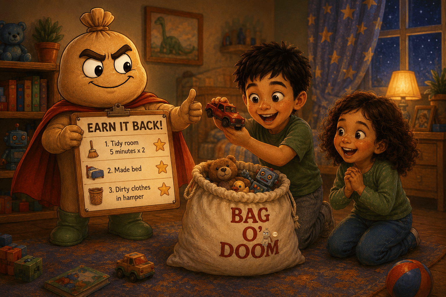 A cartoon character with a large round head, bushy eyebrows, and a cape holding a checklist: 'EARN IT BACK! Tidy room 5 minutes x 2,' 'Made bed,' and 'Dirty clothes in hamper.' Two children, a boy and a girl, are excitedly looking at the character. The room is cozy, with warm lighting, a bookshelf, toys, and a window with star-patterned curtains.