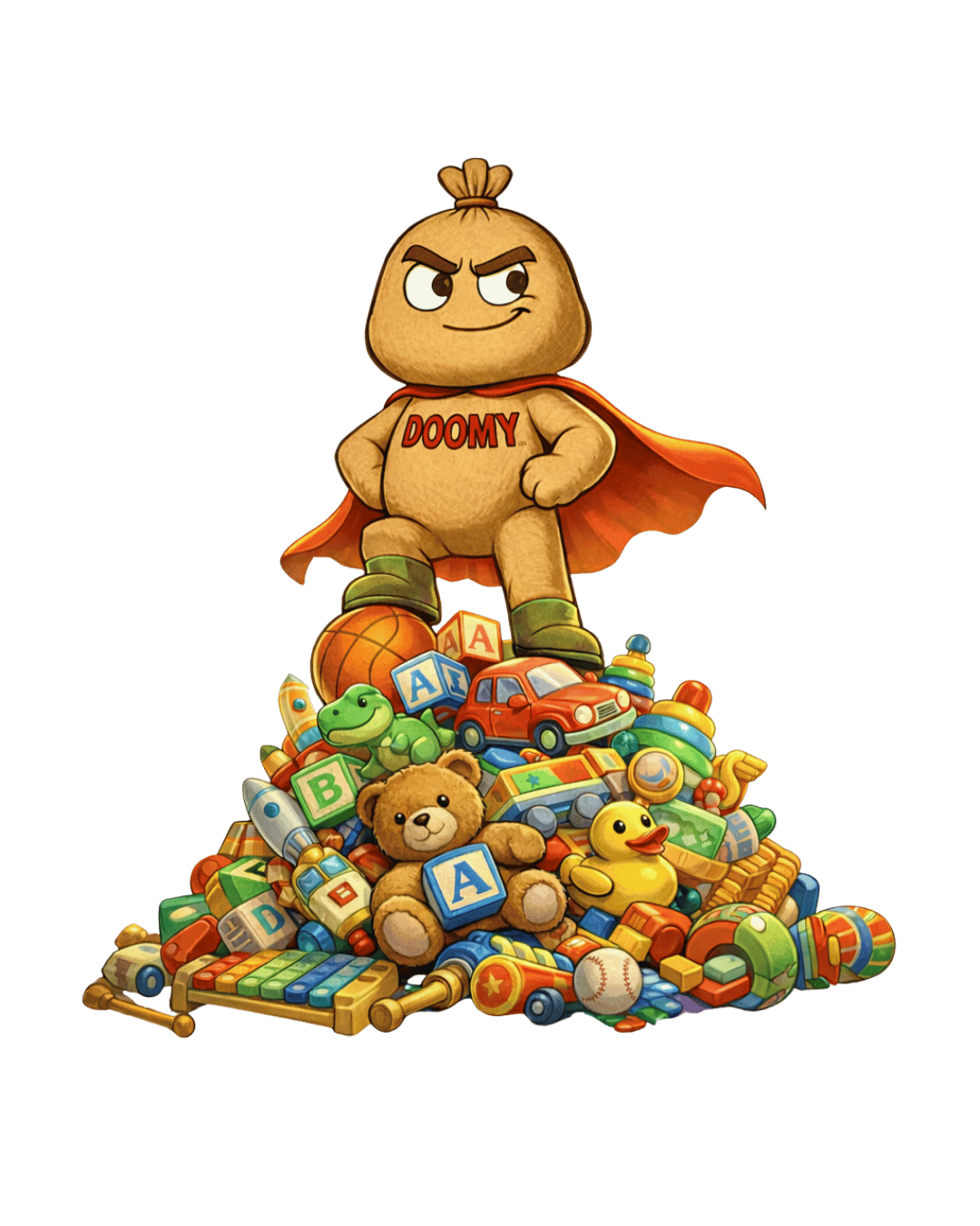 A cartoon toy character with a sack head, wearing a cape and t-shirt that says 'DOOMY,' standing on a pile of children's toys including blocks, a teddy bear, rubber duck, toy car, and balls.